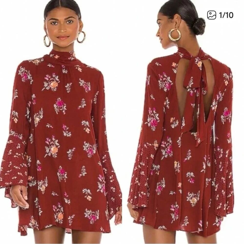 Free People Rust Floral High-Neck Open-Back Mini Dress